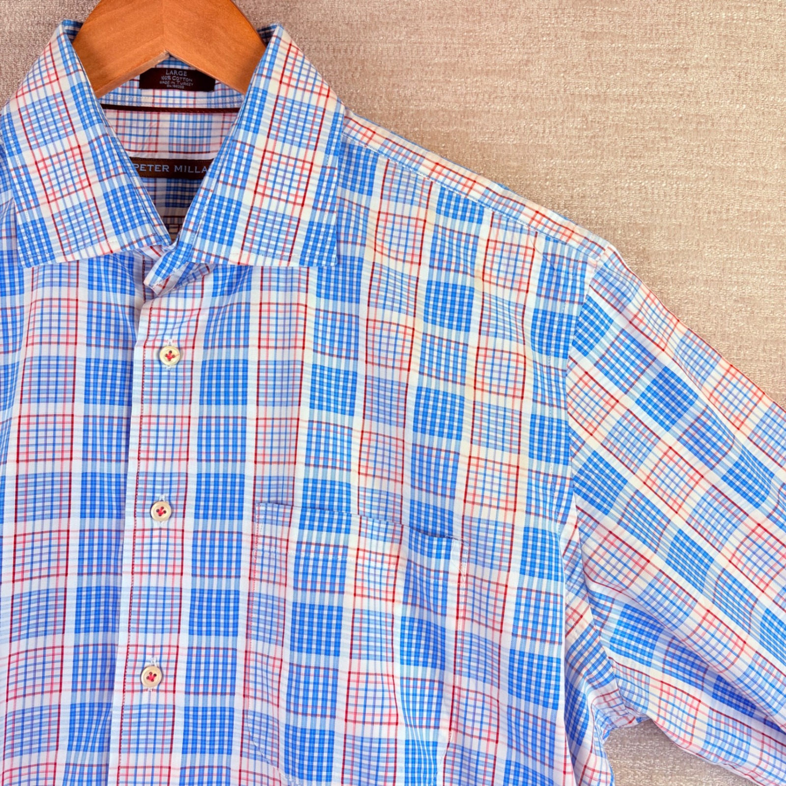 Peter Millar Mens Lg Blue Red Plaid Button Down Cotton Shirt Americana Preppy